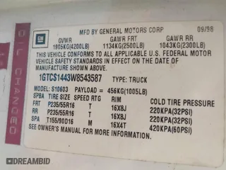1998 GMC Sonoma with VIN 1GTCS1443W8543587, listed as a IAAI auction lot 41810870 with 164,342 mi miles. Bid and sale history available at carsss.com. Image 9.