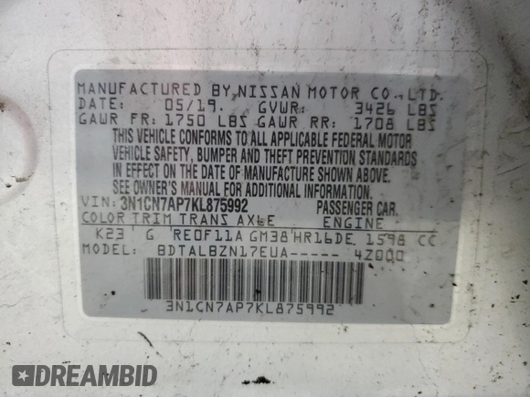 2019 Nissan Versa SV with VIN 3N1CN7AP7KL875992, listed as a Copart auction lot 51019335 with 128,429 mi miles and Salvage title. Bid and sale history available at DreamBid. Image 13.