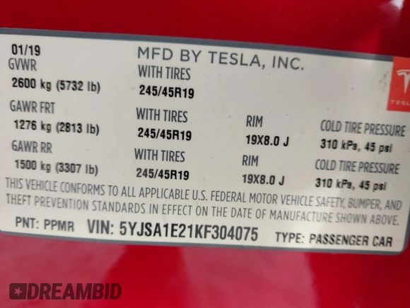 2019 Tesla Model S 75D с VIN 5YJSA1E21KF304075, выставлен на аукционе IAAI как лот 41193021 с пробегом 88 432 миль миль и . История ставок и продаж доступна на DreamBid. Изображение 9.