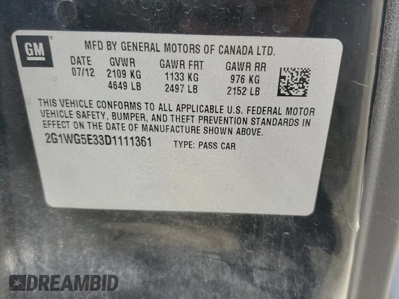 2013 Chevrolet Impala LT with VIN 2G1WG5E33D1111361, listed as a Copart auction lot 54895745 with 184,978 mi miles and Clean Title. Bid and sale history available at DreamBid. Image 12.