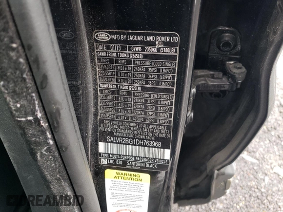 2013 Land Rover Range Rover Evoque Pure Premium with VIN SALVR2BG1DH763968, listed as a Copart auction lot 56516845 with 173,308 mi miles and Salvage title. Bid and sale history available at DreamBid. Image 14.