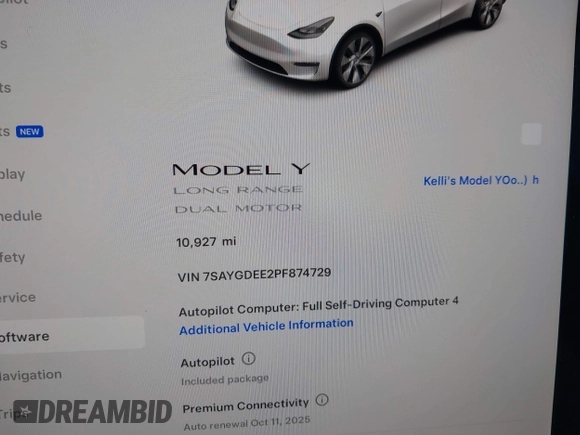 2023 Tesla Model Y Long Range with VIN 7SAYGDEE2PF874729, listed as a IAAI auction lot 41518376 with 10,927 mi miles and . Bid and sale history available at DreamBid. Image 7.