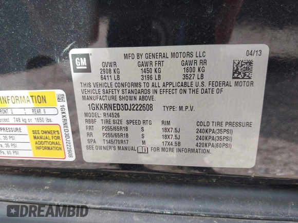 2013 GMC Acadia SLE with VIN 1GKKRNED3DJ222608, listed as a IAAI auction lot 42274364 with 200,119 mi miles and . Bid and sale history available at DreamBid. Image 9.