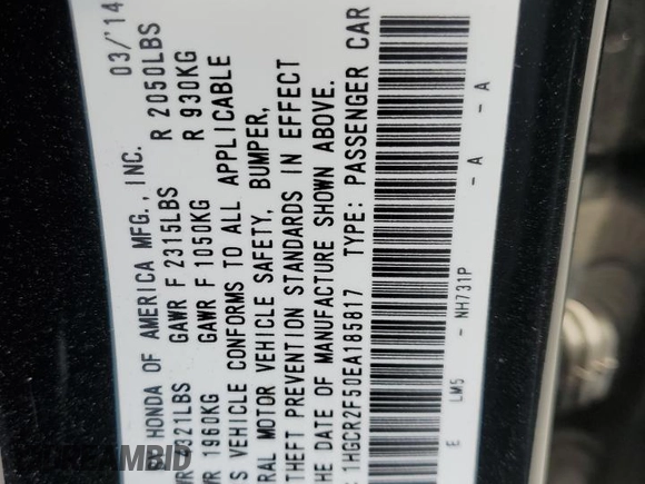2014 Honda Accord Sedan Sport with VIN 1HGCR2F50EA185817, listed as a Copart auction lot 53385285 with 112,307 mi miles and Salvage Title. Bid and sale history available at carsss.com. Image 13.