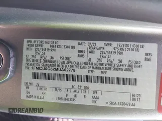 2021 Ford Escape SE with VIN 1FMCU0G62MUA62778, listed as a IAAI auction lot 41907984 with 37,118 mi miles and . Bid and sale history available at carsss.com. Image 9.