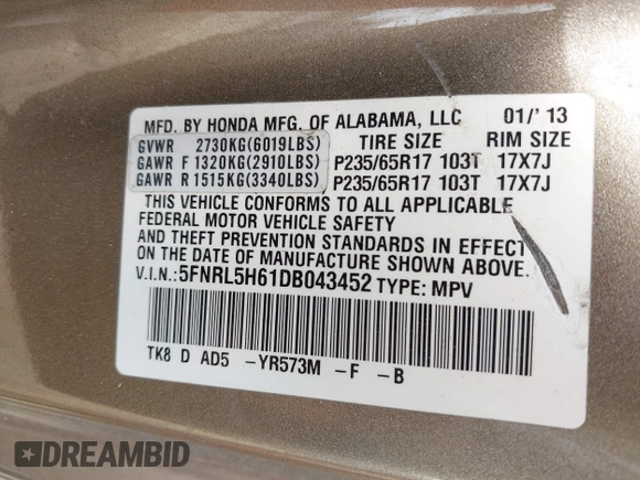 2013 Honda Odyssey EX-L с VIN 5FNRL5H61DB043452, выставлен на аукционе IAAI как лот 42308609 с пробегом 246 866 миль миль и . История ставок и продаж доступна на DreamBid. Изображение 9.
