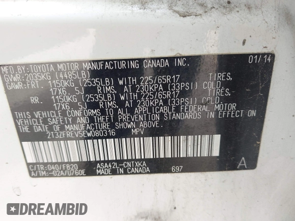 2014 Toyota RAV4 LE с VIN 2T3ZFREV5EW080316, выставлен на аукционе IAAI как лот 42371531 с пробегом 113 756 миль миль и . История ставок и продаж доступна на DreamBid. Изображение 9.