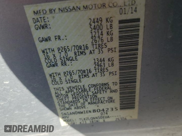 2014 Nissan Xterra X with VIN 5N1AN0NW1EN804235, listed as a Copart auction lot 83661084 with 103,482 mi miles and Salvage Title. Bid and sale history available at DreamBid. Image 15.