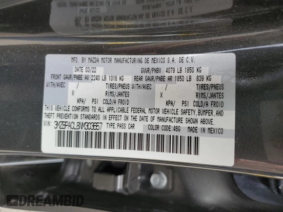 2022 Mazda 3 Preferred with VIN 3MZBPACL8NM303657, listed as a Copart auction lot 54109305 with 43,325 mi miles and Salvage title. Bid and sale history available at DreamBid. Image 12.