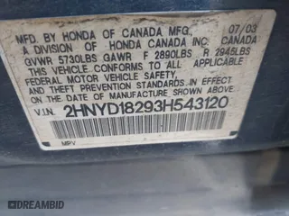 2003 Acura MDX with VIN 2HNYD18293H543120, listed as a IAAI auction lot 41697196 with 150,047 mi miles. Bid and sale history available at carsss.com. Image 9.