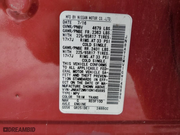2016 Nissan Rogue S with VIN JN8AT2MV1GW145895, listed as a Copart auction lot 53757005 with 211,265 mi miles and Clean Title. Bid and sale history available at carsss.com. Image 13.