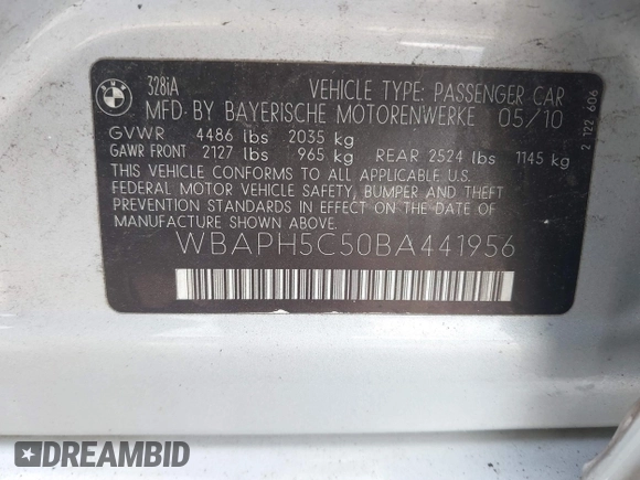 2011 BMW 3 Series 328i with VIN WBAPH5C50BA441956, listed as a IAAI auction lot 41903593 with 100,455 mi miles and . Bid and sale history available at carsss.com. Image 9.