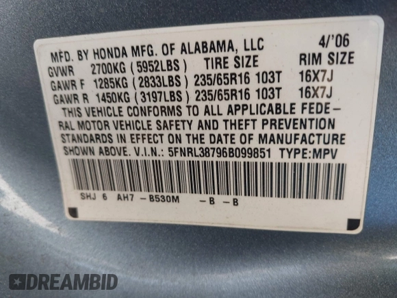 2006 Honda Odyssey EX-L with VIN 5FNRL38796B099851, listed as a IAAI auction lot 41555109 with 154,707 mi miles and . Bid and sale history available at DreamBid. Image 9.