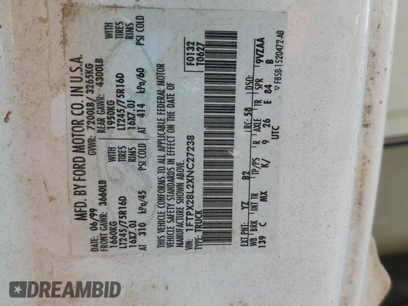 1999 Ford F-250 with VIN 1FTPX28L2XNC27238, listed as a Copart auction lot 70415914 with Not provided miles and Salvage title. Bid and sale history available at DreamBid. Image 12.