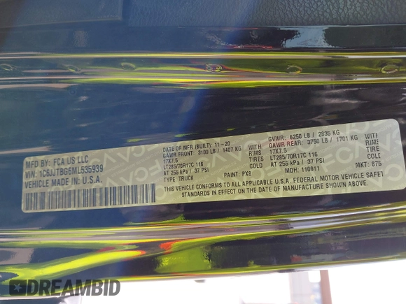 2021 Jeep Gladiator Rubicon z VIN 1C6JJTBG6ML535939, wystawiony jako IAAI lot #42260764 z przebiegiem 114 060 mil mil oraz . Historia ofert i sprzedaży dostępna na DreamBid. Obrazek 9.