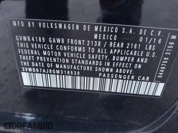 2016 Volkswagen Jetta Sedan 1.4T SE with VIN 3VWD67AJ8GM316539, listed as a IAAI auction lot 41870438 with 114,432 mi miles. Bid and sale history available at carsss.com. Image 9.