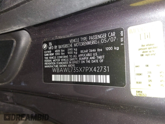 2007 BMW 3 Series 335i with VIN WBAWL735X7PX42731, listed as a IAAI auction lot 42362319 with 64,372 mi miles and . Bid and sale history available at DreamBid. Image 9.