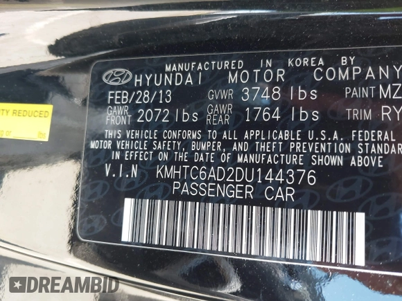 2013 Hyundai Veloster w/Black Int with VIN KMHTC6AD2DU144376, listed as a IAAI auction lot 42720882 with 143,023 mi miles and . Bid and sale history available at DreamBid. Image 9.