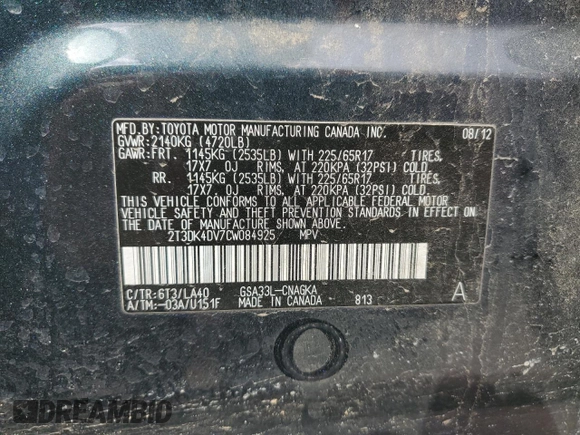 2012 Toyota RAV4 Limited with VIN 2T3DK4DV7CW084925, listed as a Copart auction lot 50385635 with 102,998 mi miles and Non Repairable. Bid and sale history available at carsss.com. Image 13.
