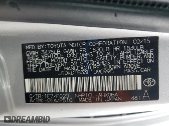 2015 Toyota Prius One with VIN JTDKDTB33F1090995, listed as a Copart auction lot 53452955 with 214,292 mi miles and Salvage Title. Bid and sale history available at carsss.com. Image 14.