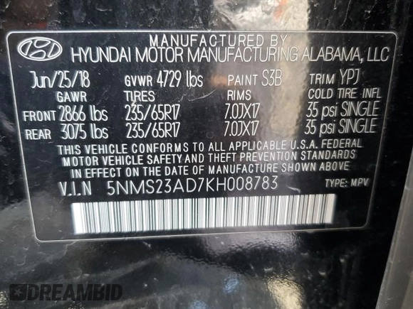 2019 Hyundai Santa Fe SE with VIN 5NMS23AD7KH008783, listed as a Copart auction lot 52349385 with 61,200 mi miles and Salvage Title. Bid and sale history available at carsss.com. Image 15.