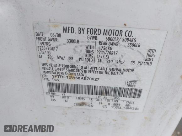 2008 Ford F-150 XL z VIN 1FTRF12W68KE70627, wystawiony jako IAAI lot #41448219 z przebiegiem Nie podano mil oraz . Historia ofert i sprzedaży dostępna na DreamBid. Obrazek 9.