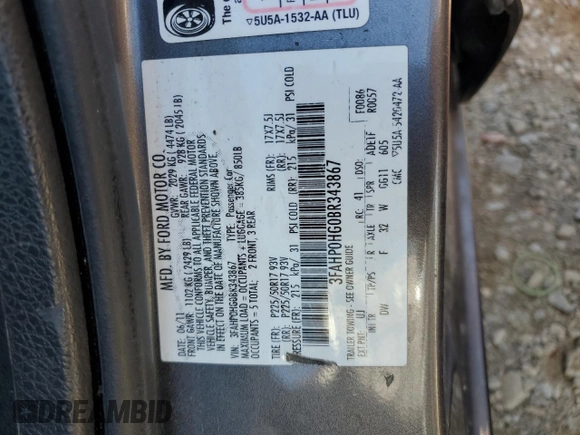 2011 Ford Fusion SE with VIN 3FAHP0HG0BR343867, listed as a Copart auction lot 50141595 with 184,437 mi miles and Salvage Title. Bid and sale history available at carsss.com. Image 12.