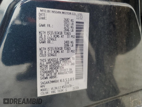 2013 Nissan Pathfinder SL with VIN 5N1AR2MM6DC615185, listed as a Copart auction lot 54359475 with 174,224 mi miles and Clean Title. Bid and sale history available at carsss.com. Image 13.