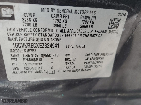 2014 Chevrolet Silverado 1500 LT with VIN 1GCVKRECXEZ324941, listed as a Copart auction lot 46587705 with NaN miles and Salvage Title. Bid and sale history available at carsss.com. Image 14.
