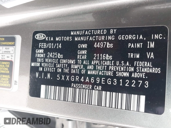 2014 Kia Optima SXL Turbo with VIN 5XXGR4A69EG312273, listed as a IAAI auction lot 41729863 with 107,660 mi miles and . Bid and sale history available at DreamBid. Image 9.