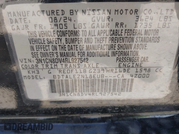 2024 Nissan Versa S with VIN 3N1CN8DV4RL927542, listed as a IAAI auction lot 41895560 with 3,882 mi miles and . Bid and sale history available at DreamBid. Image 9.