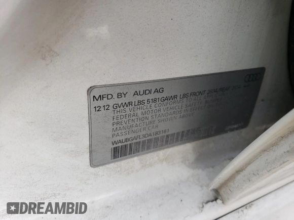 2013 Audi S4 Premium Plus with VIN WAUBGAFL3DA183161, listed as a Copart auction lot 78975384 with 142,254 mi miles and Salvage Title. Bid and sale history available at DreamBid. Image 12.