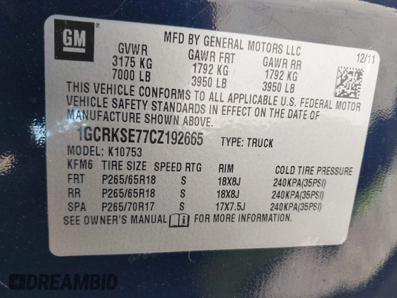2012 Chevrolet Silverado 1500 LT with VIN 1GCRKSE77CZ192665, listed as a IAAI auction lot 41888886 with 167,084 mi miles. Bid and sale history available at carsss.com. Image 9.