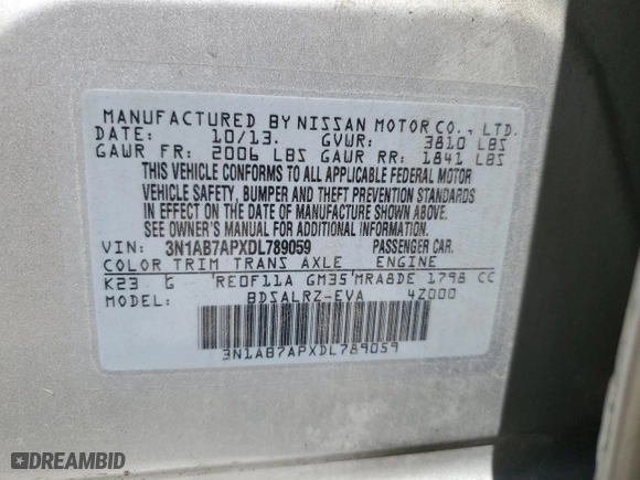 2013 Nissan Sentra SR with VIN 3N1AB7APXDL789059, listed as a Copart auction lot 52145365 with 94,778 mi miles and Clean Title. Bid and sale history available at carsss.com. Image 12.