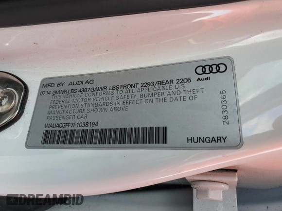 2015 Audi A3 1.8T Premium with VIN WAUACGFF7F1038194, listed as a Copart auction lot 48977603 with 124,885 mi miles. Bid and sale history available at carsss.com. Image 13.