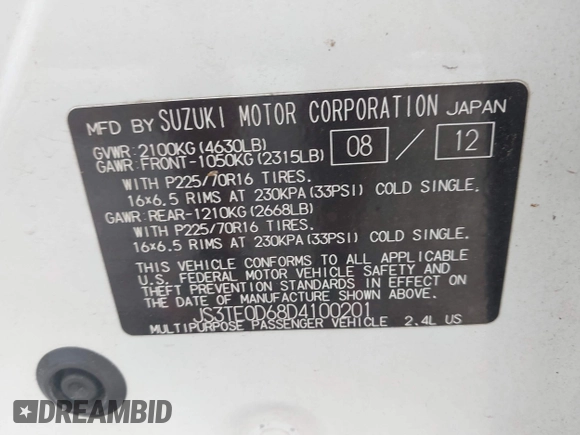 2013 Suzuki Grand Vitara Premium with VIN JS3TE0D68D4100201, listed as a IAAI auction lot 42694457 with 126,585 mi miles and . Bid and sale history available at DreamBid. Image 9.