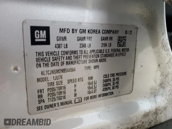 2022 Chevrolet Trax LS with VIN KL7CJNSM2NB544564, listed as a Copart auction lot 48113905 with 75,375 mi miles and Non Repairable. Bid and sale history available at carsss.com. Image 14.