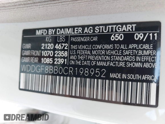 2012 Mercedes-Benz C 300 Sport с VIN WDDGF8BB0CR198952, выставлен на аукционе IAAI как лот 42217652 с пробегом 138 919 миль миль и . История ставок и продаж доступна на DreamBid. Изображение 9.