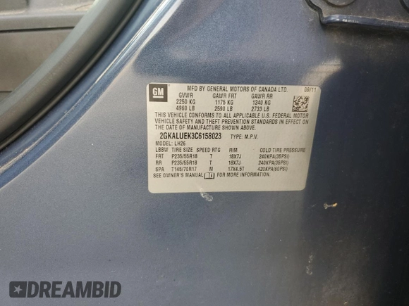 2012 GMC Terrain SLT-1 with VIN 2GKALUEK3C6158023, listed as a Copart auction lot 59725845 with 156,901 mi miles and Salvage title. Bid and sale history available at DreamBid. Image 13.