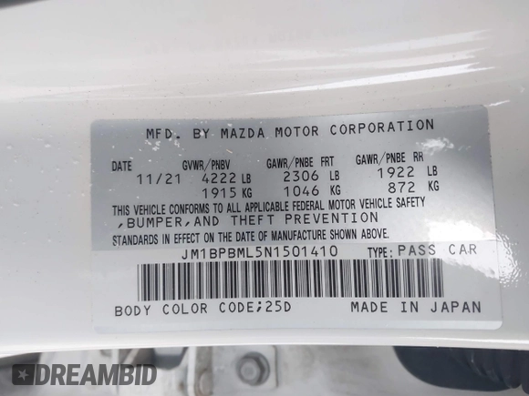 2022 Mazda Mazda3 Hatchback Premium with VIN JM1BPBML5N1501410, listed as a IAAI auction lot 41148682 with 8,541 mi miles. Bid and sale history available at carsss.com. Image 9.