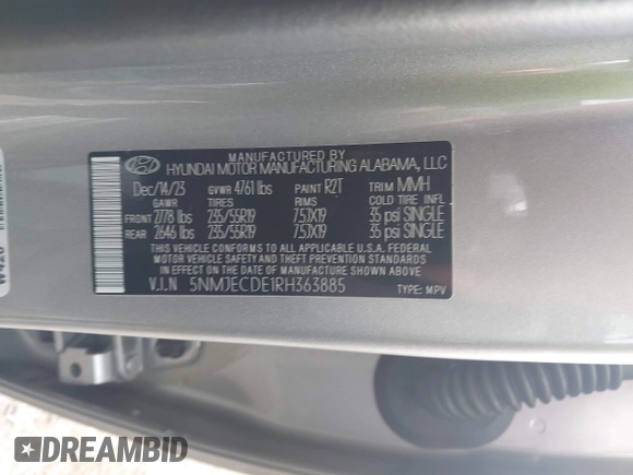 2024 Hyundai Tucson Limited with VIN 5NMJECDE1RH363885, listed as a IAAI auction lot 42204779 with 141,146 mi miles and . Bid and sale history available at DreamBid. Image 9.