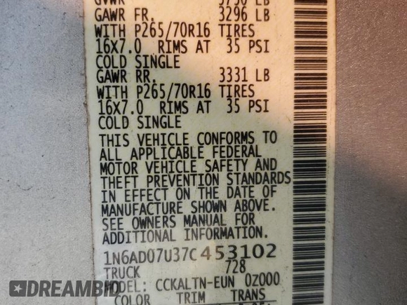 2007 Nissan Frontier SE z VIN 1N6AD07U37C453102, wystawiony jako Copart lot #43438385 z przebiegiem 169 320 mil mil oraz Szkoda całkowita • Salvage title. Historia ofert i sprzedaży dostępna na DreamBid. Obrazek 13.