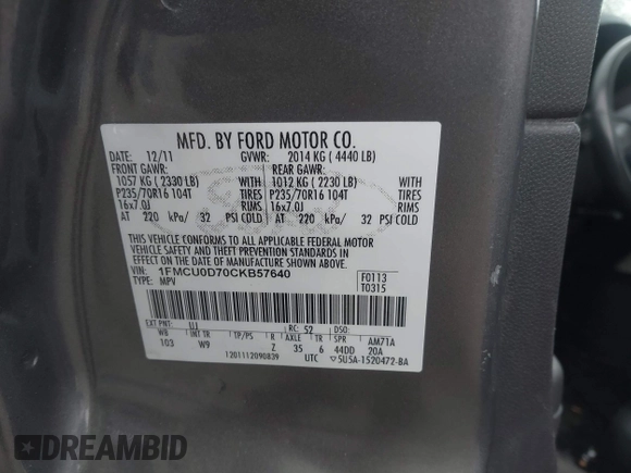 2012 Ford Escape XLT with VIN 1FMCU0D70CKB57640, listed as a IAAI auction lot 42364980 with 122,652 mi miles and . Bid and sale history available at DreamBid. Image 9.