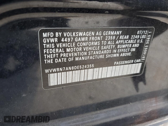 2013 Volkswagen CC Lux with VIN WVWRN7AN8DE524355, listed as a Copart auction lot 77420184 with 96,422 mi miles and Salvage title. Bid and sale history available at DreamBid. Image 12.