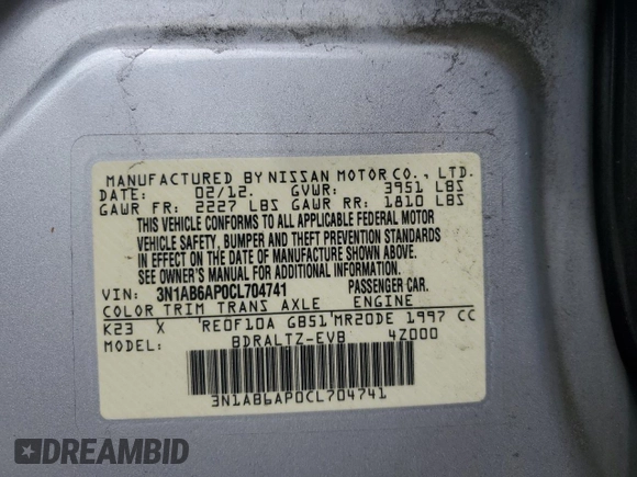 2012 Nissan Sentra SR z VIN 3N1AB6AP0CL704741, wystawiony jako Copart lot #63036465 z przebiegiem 105 534 mil mil oraz Szkoda całkowita • Salvage title. Historia ofert i sprzedaży dostępna na DreamBid. Obrazek 12.