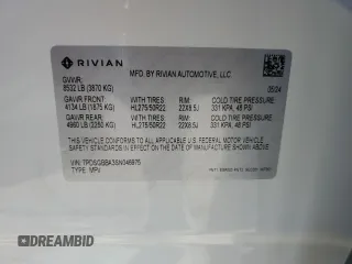 2025 Rivian R1S Adventure z VIN 7PDSGBBA3SN046975, wystawiony jako Copart lot #42880125 z przebiegiem Nie podano mil oraz Szkoda całkowita • Salvage title. Historia ofert i sprzedaży dostępna na DreamBid. Obrazek 12.
