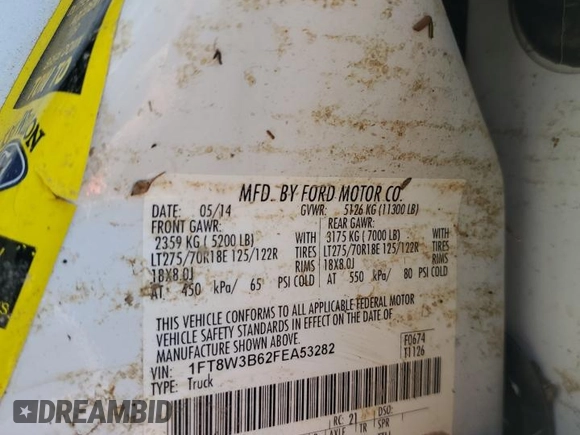 2015 Ford F-350 Platinum with VIN 1FT8W3B62FEA53282, listed as a Copart auction lot 74460054 with Not Provided miles and Salvage Title. Bid and sale history available at DreamBid. Image 13.