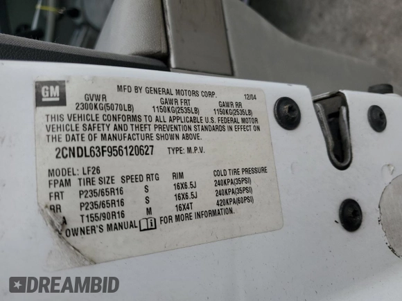 2005 Chevrolet Equinox LT z VIN 2CNDL63F956120627, wystawiony jako Copart lot #59988775 z przebiegiem 190 742 mil mil oraz Szkoda całkowita • Salvage title. Historia ofert i sprzedaży dostępna na DreamBid. Obrazek 13.
