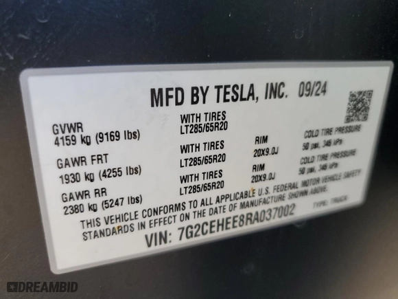 2024 Tesla Cybertruck Cyberbeast with VIN 7G2CEHEE8RA037002, listed as a Copart auction lot 51112195 with 7,477 mi miles and Salvage Title. Bid and sale history available at carsss.com. Image 12.
