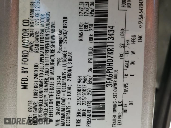 2019 Ford Fusion SE with VIN 3FA6P0HD7KR113434, listed as a Copart auction lot 48719045 with 127,883 mi miles and Salvage Title. Bid and sale history available at carsss.com. Image 12.